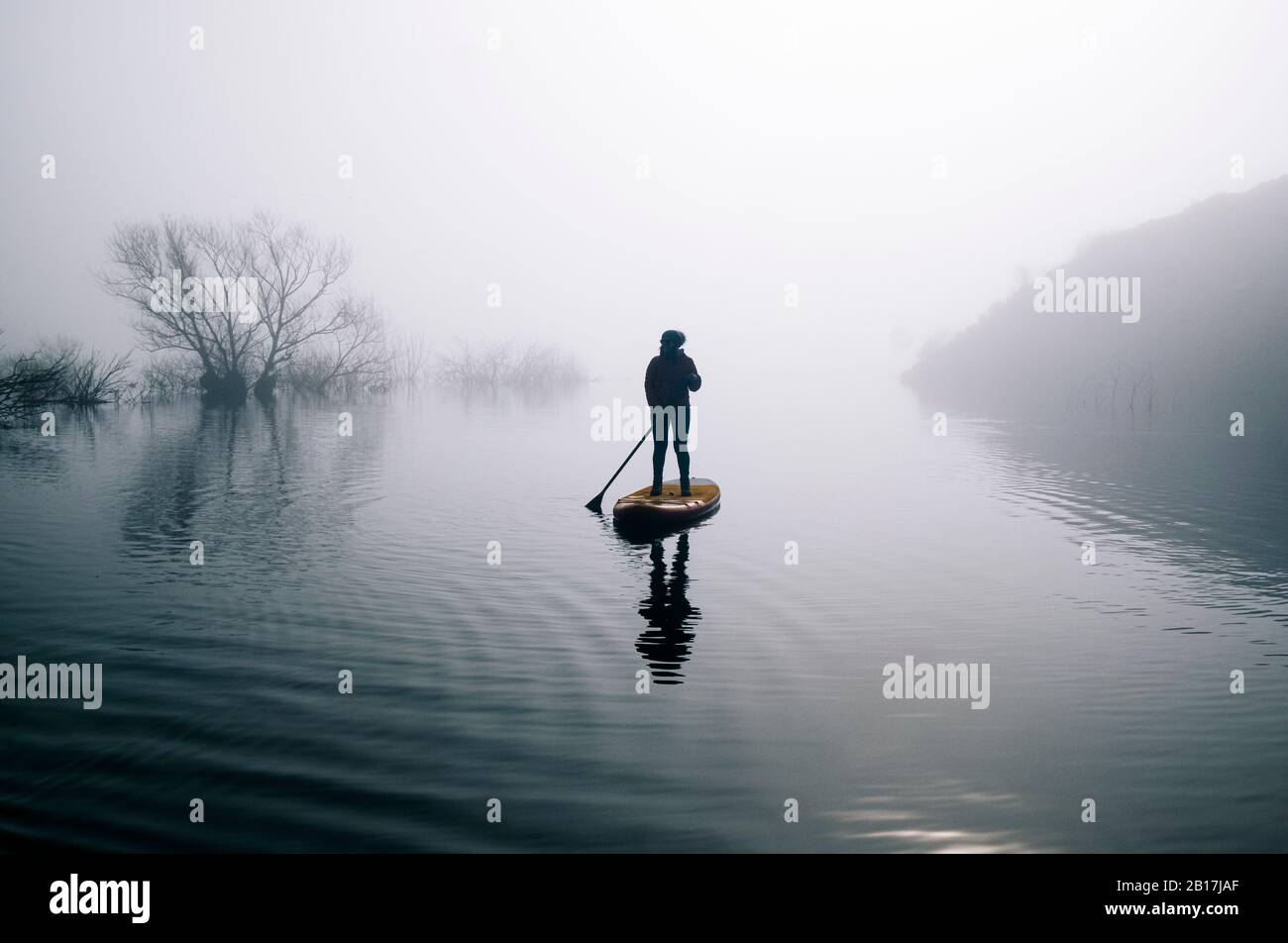 Silhouette di donna stand up paddle surf su un lago Foto Stock