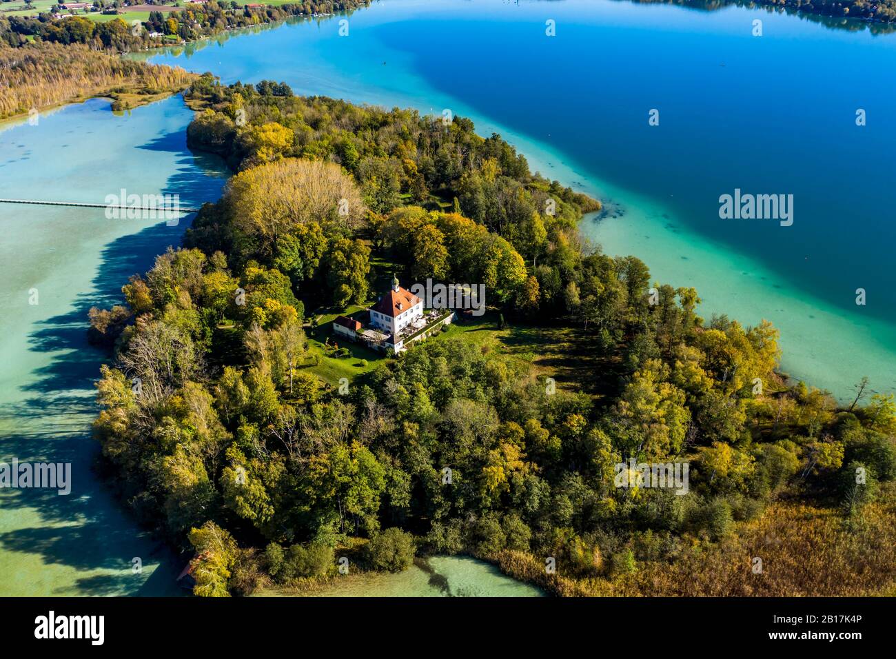 Luftaufnahme, Deutschland, Bayern, Bachern, Landkreis Stranberg, Wörth Vedi mit der Wörth insel bzw. Mausinsel Foto Stock