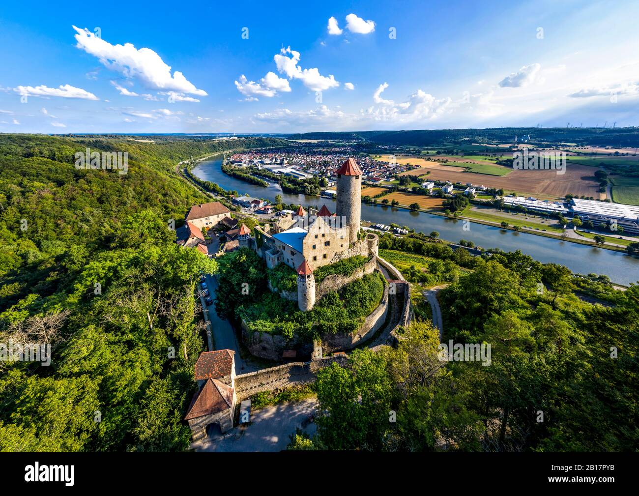 Germania, Baden-Wurtemberg, Neckarzimmern, veduta aerea del Castello di Hornberg in estate Foto Stock