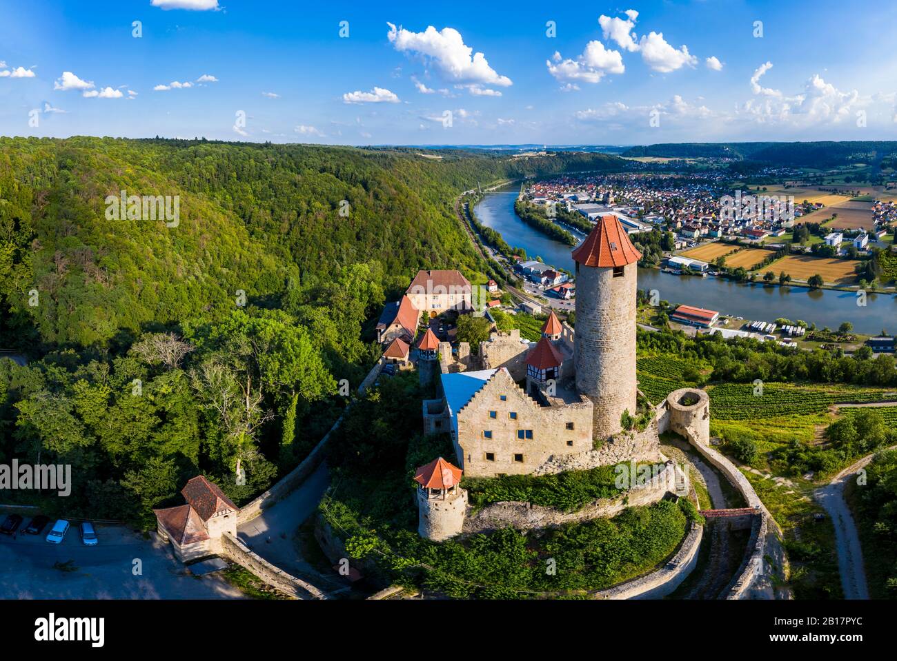 Germania, Baden-Wurtemberg, Neckarzimmern, veduta aerea del Castello di Hornberg in estate Foto Stock