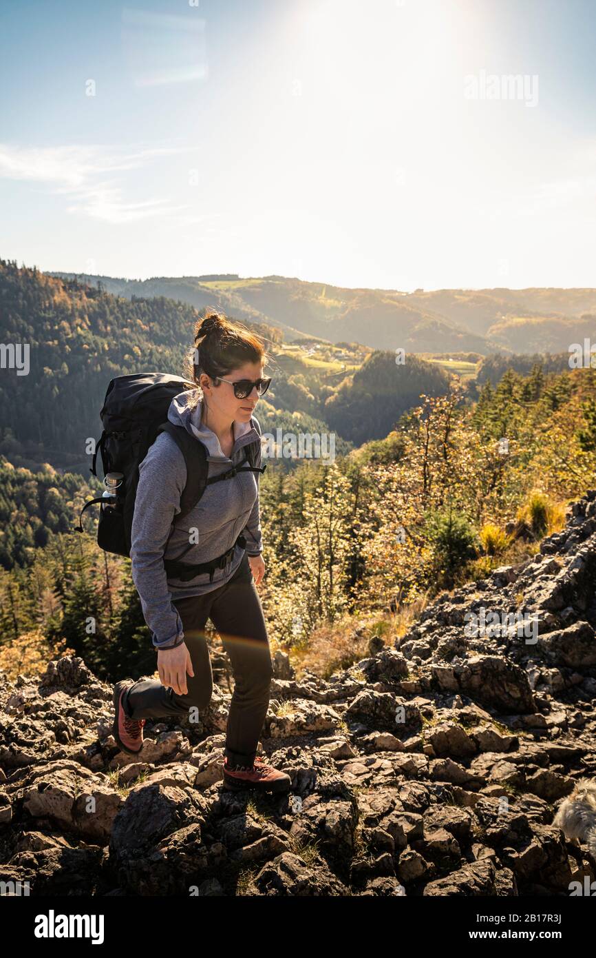 Donna escursioni su sentiero roccioso, Karlruher Grat, Ottenhoefen, Foresta Nera, Germania Foto Stock