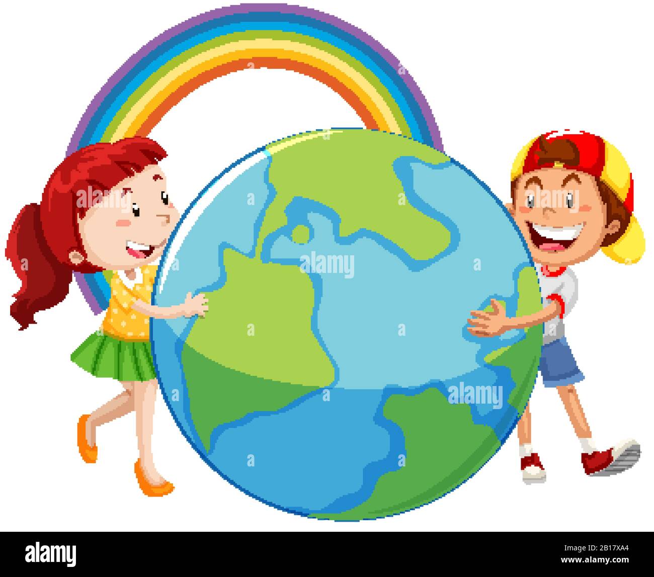 Grande globo con due bambini felici che lo abbracciano illustrazione  Immagine e Vettoriale - Alamy