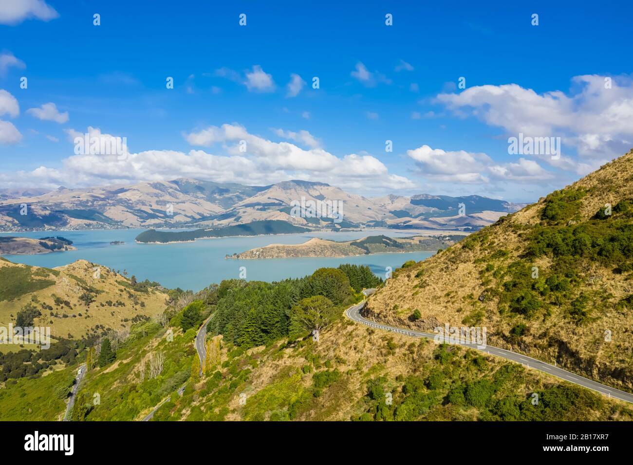 Nuova Zelanda, Governors Bay, vista panoramica di Dyers Pass Road e Thomson Scenic Reserve Foto Stock