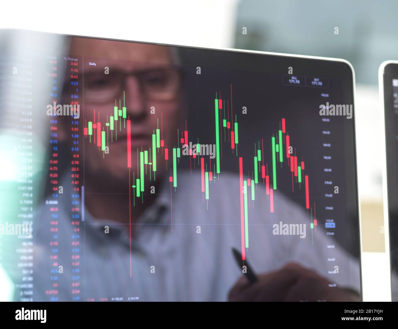 Riflessione di un operatore di borsa che visualizza sullo schermo le prestazioni di un prezzo di azione dell'azienda Foto Stock