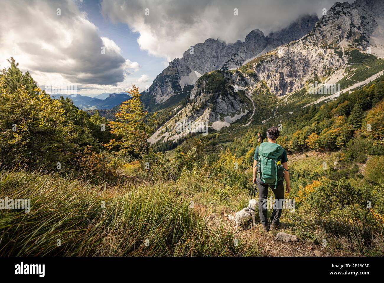 Donna in un viaggio a piedi a Wilder Kaiser godendo della vista, Kaiser montagne, Tirolo, Austria Foto Stock