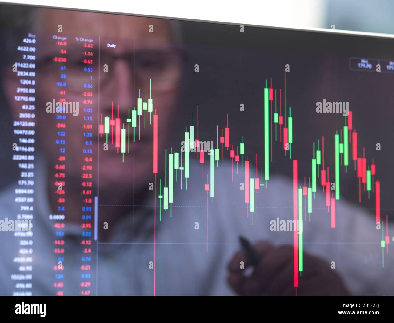 Riflessione di un operatore di borsa che visualizza sullo schermo le prestazioni di un prezzo di azione dell'azienda Foto Stock