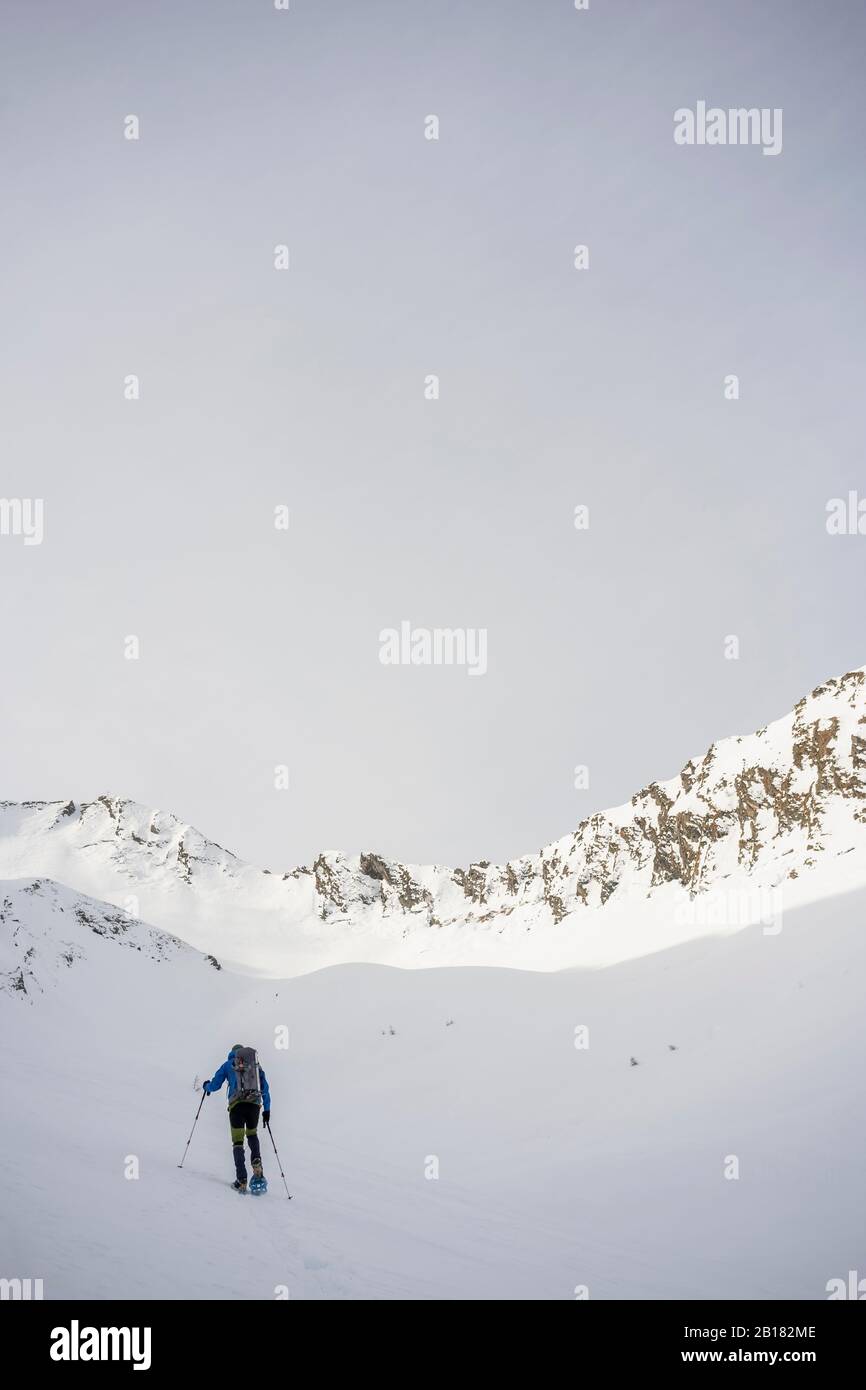 Uomo in escursione in montagna innevata, Lombardia, Valtellina, Italia Foto Stock