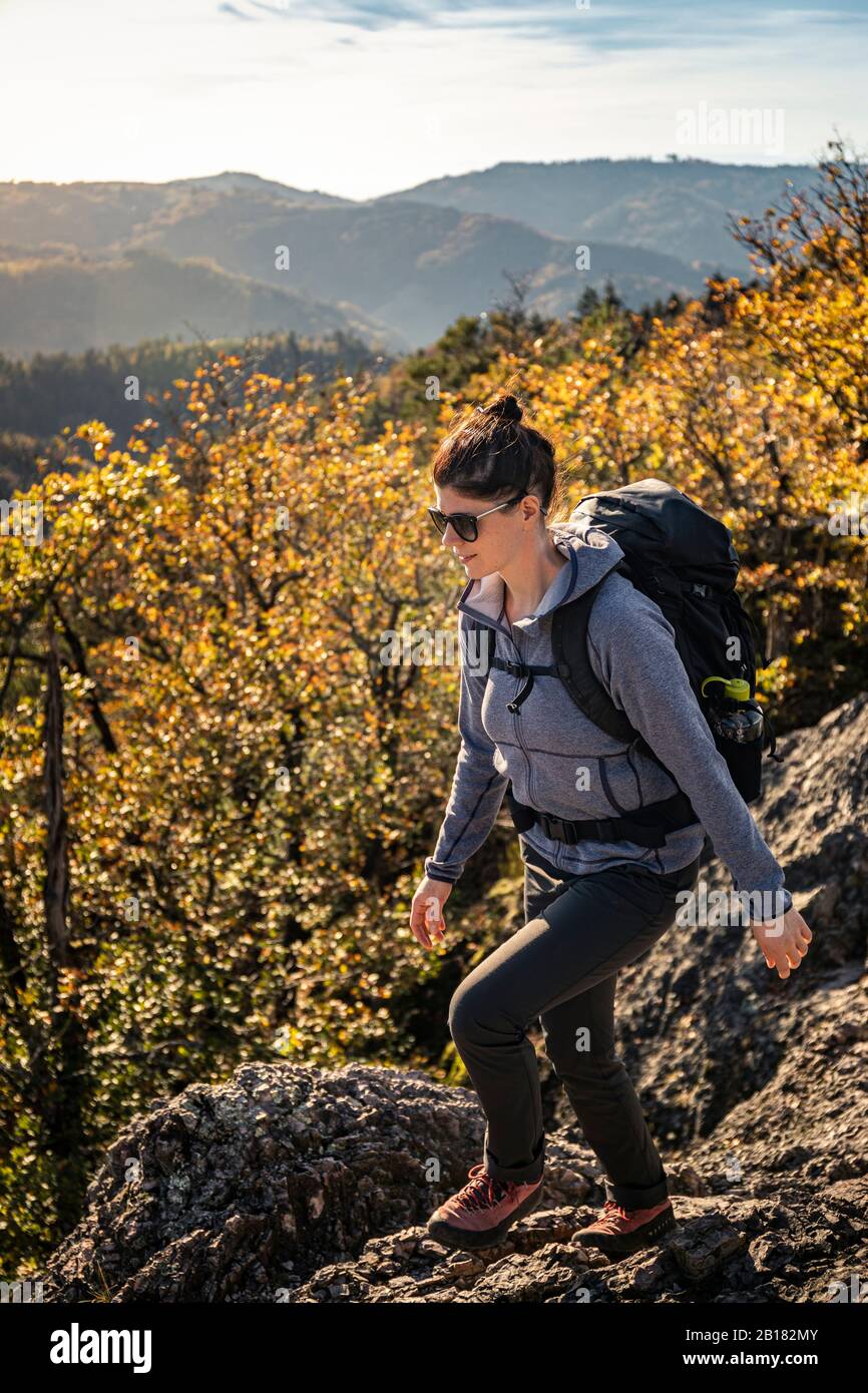 Donna escursioni su sentiero roccioso, Karlruher Grat, Ottenhoefen, Foresta Nera, Germania Foto Stock