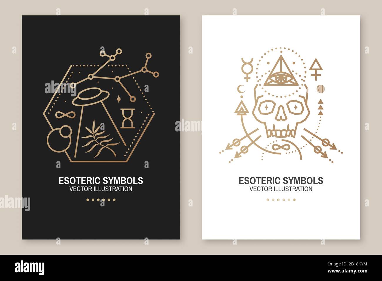 Simboli esoterici. Illustrazione del vettore. Badge geometrico a linea sottile. Icona di contorno per alchimia o geometria sacra. Mystic e magico design con cranio, sole, ufo volare, stelle e luna Illustrazione Vettoriale