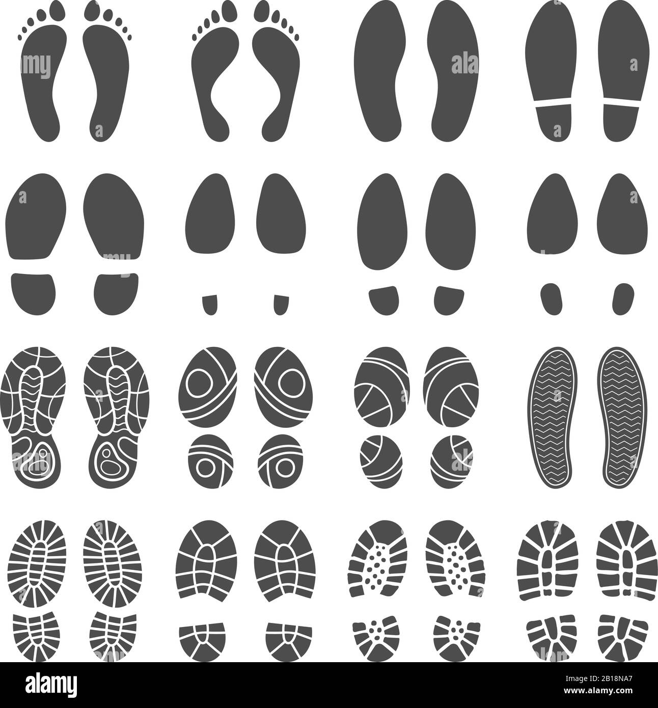 Sagome delle impronte. Stampe a gradini a piedi nudi, stivali STEP e piedi stampa immagine della silhouette vettoriale isolata Illustrazione Vettoriale