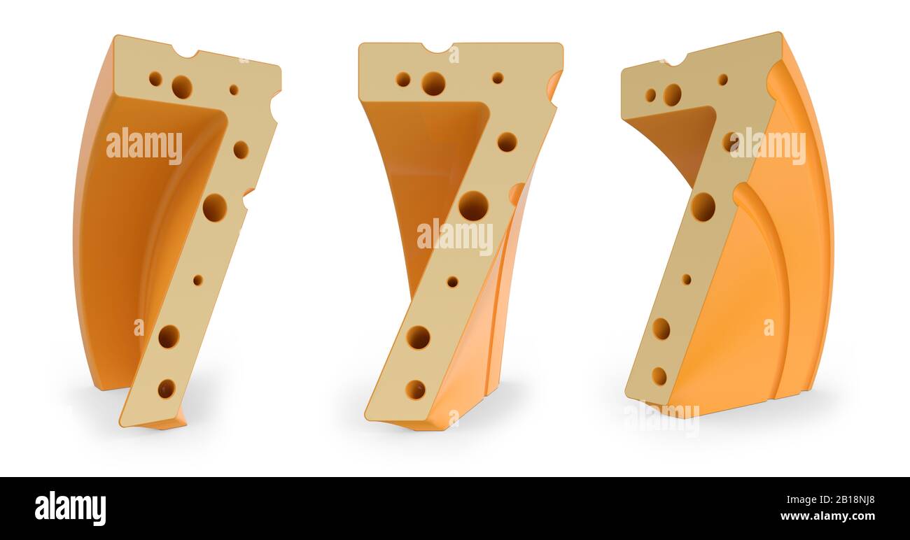 Numero 7. Segno digitale. Alfabeto e font del formaggio. Set di tre punti di vista su bianco. Rendering 3D Foto Stock