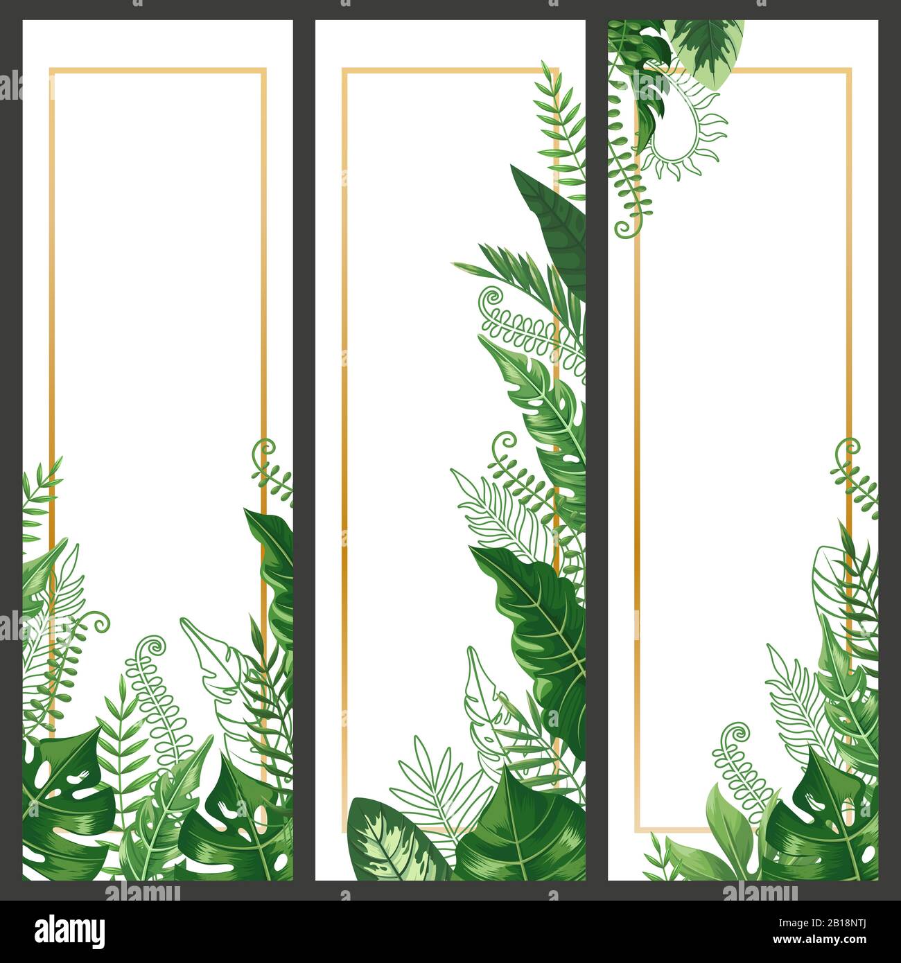 Banner foglie esotiche. Tropicale foglia monstera, ramo di palma e vintage hawaii natura piante verticali banner vettore sfondo set Illustrazione Vettoriale