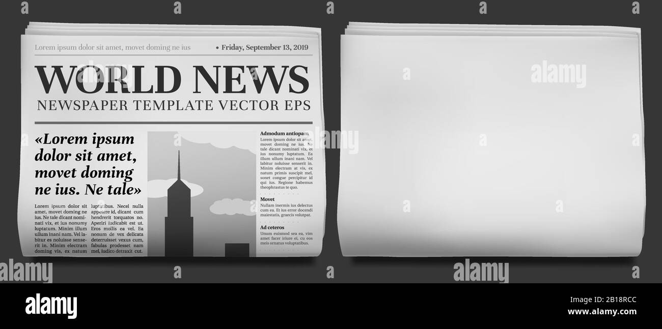Giornale titolo mockup. Business news tabloid piegato a metà, giornali finanziari titolo pagina e quotidiano rivista vettore illustrazione Illustrazione Vettoriale