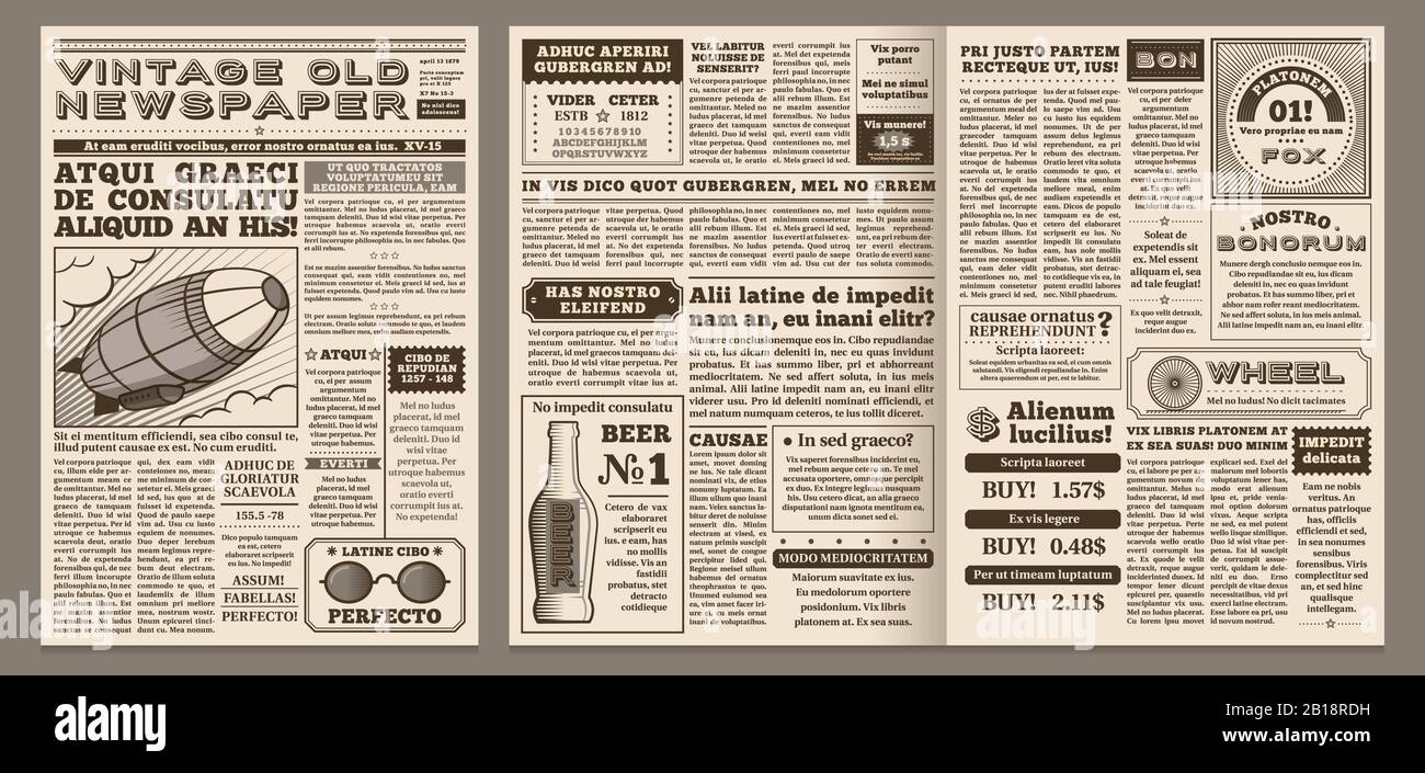 Modello di giornale vintage. Retro pagina giornali, vecchie notizie titolo e pagine giornale griglia vettore illustrazione layout Illustrazione Vettoriale