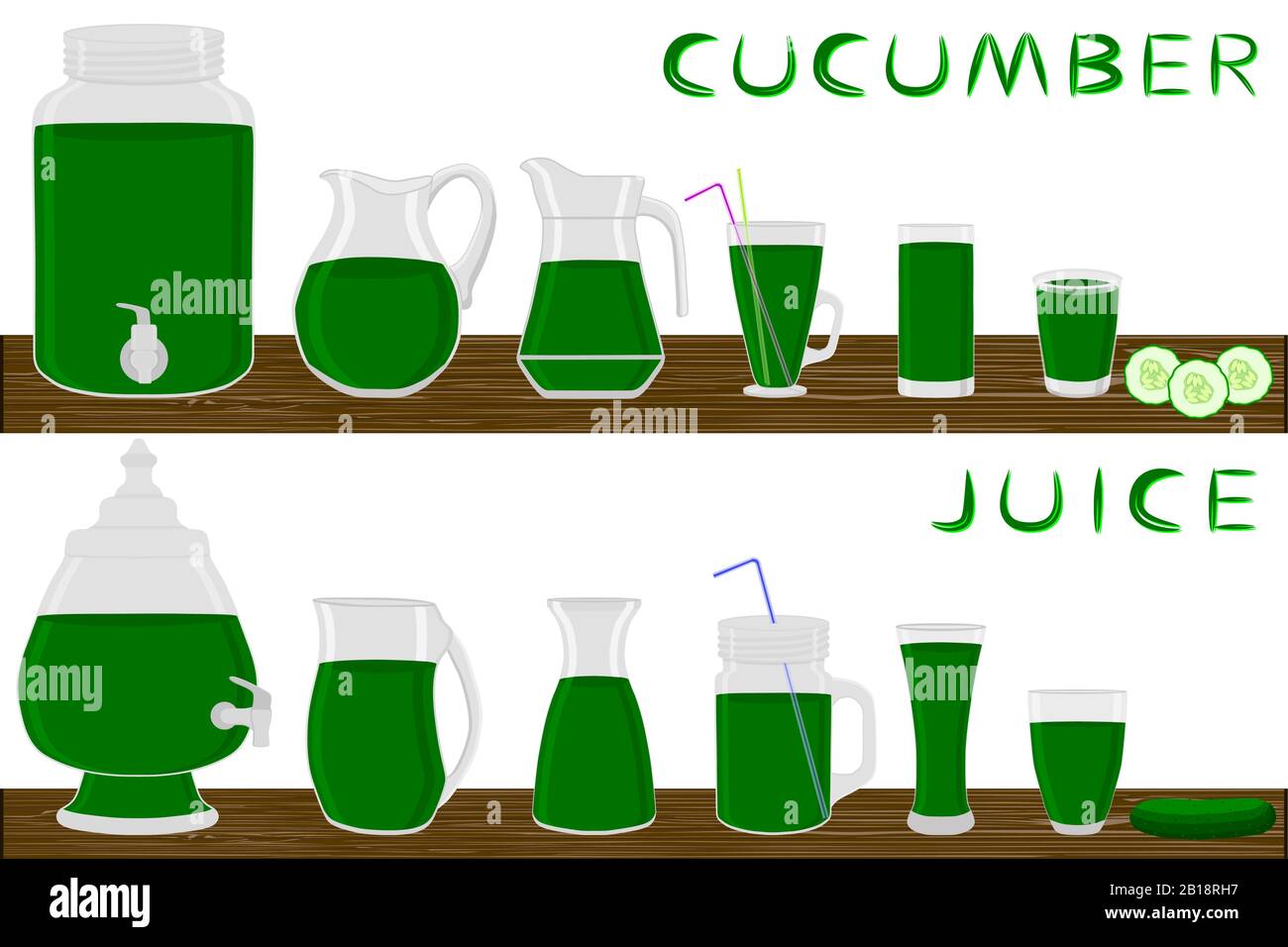 Illustrazione su kit tema diversi tipi di vetreria, cetrioli jugs varie dimensioni. Vetreria costituita da tazze in plastica organica per cetrioli fluidi. Brocche Illustrazione Vettoriale