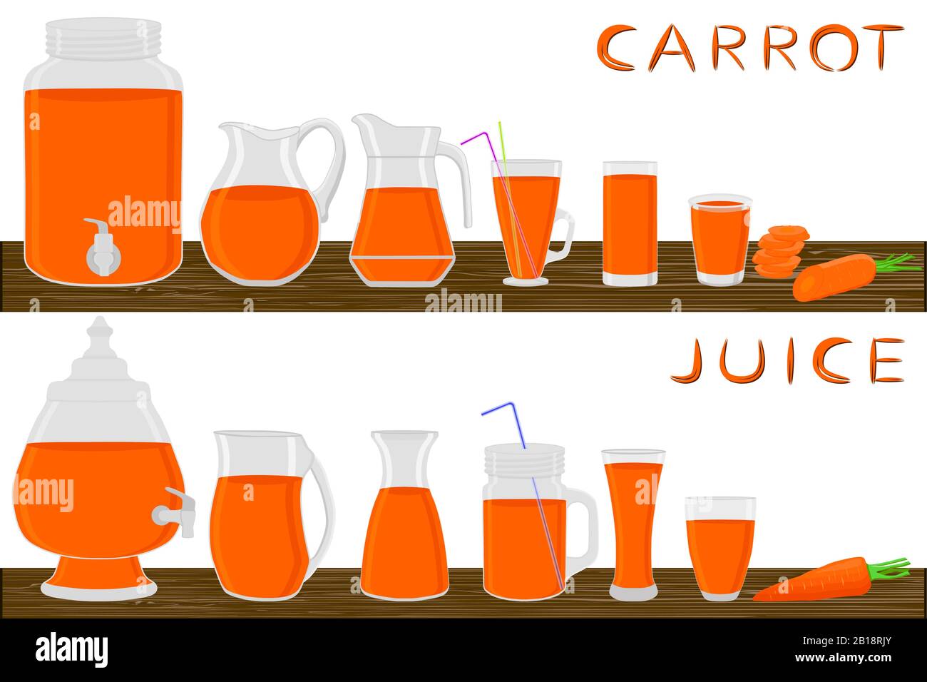 Illustrazione sul tema grande kit diversi tipi di vetreria, carota in tazze di varie dimensioni. Vetreria costituita da tazze in plastica organica per carote fluide. J Illustrazione Vettoriale