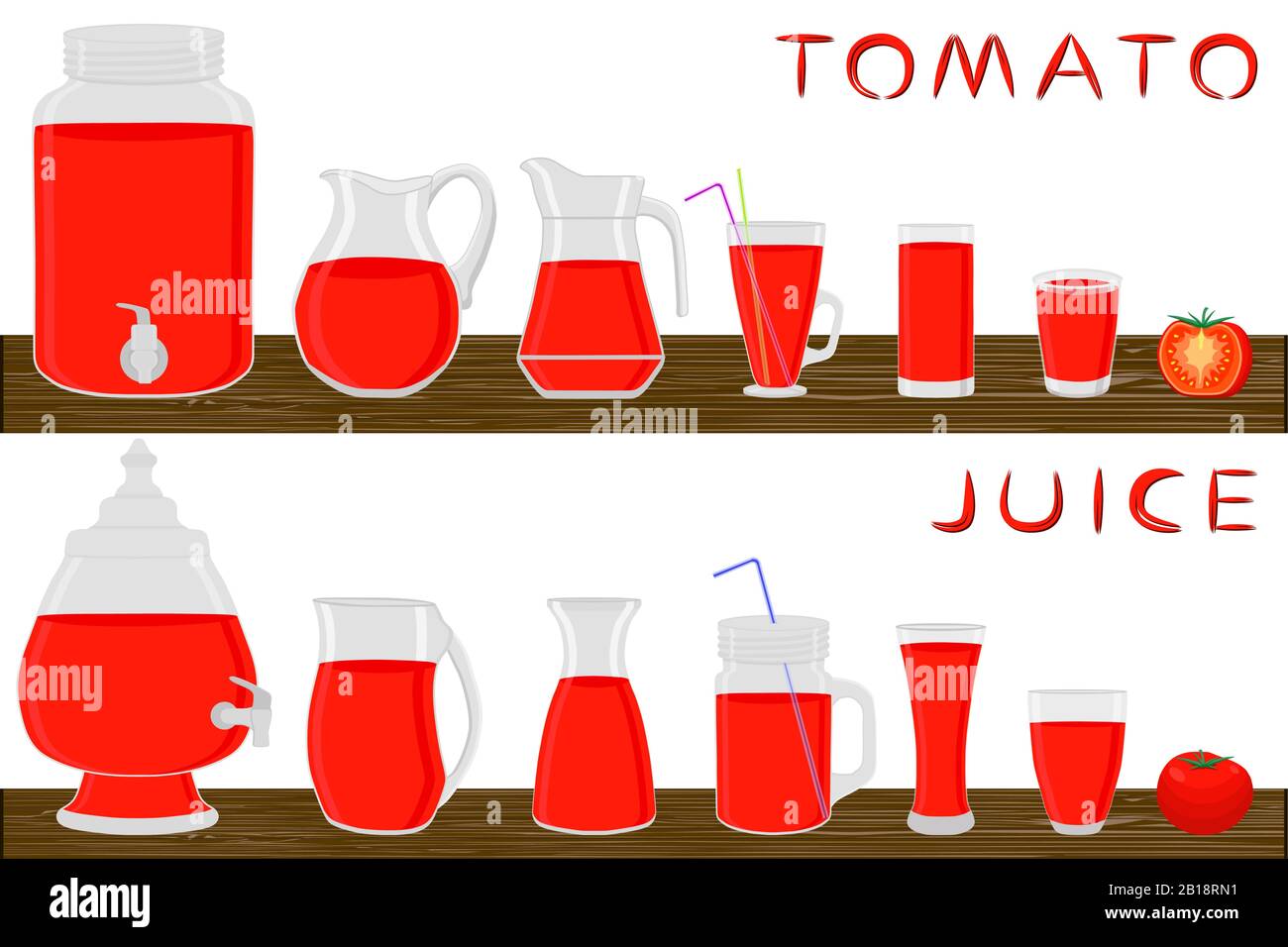 Illustrazione sul tema grande kit diversi tipi di vetreria, bacche di pomodoro varie dimensioni. Vetreria composta da tazze in plastica organica per pomodoro fluido. Brocche Illustrazione Vettoriale