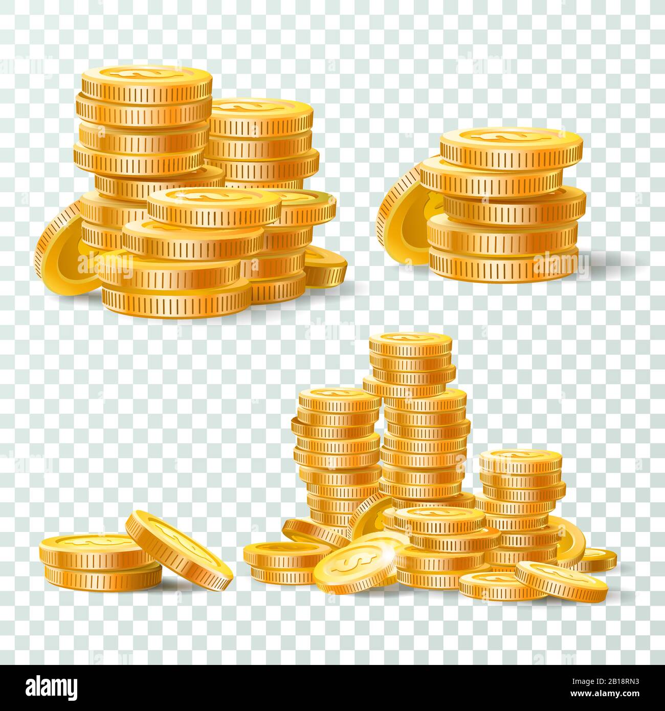 Pila di monete d'oro. Pile di monete d'oro, pile di denaro e pile di oro isolato vettore set Illustrazione Vettoriale