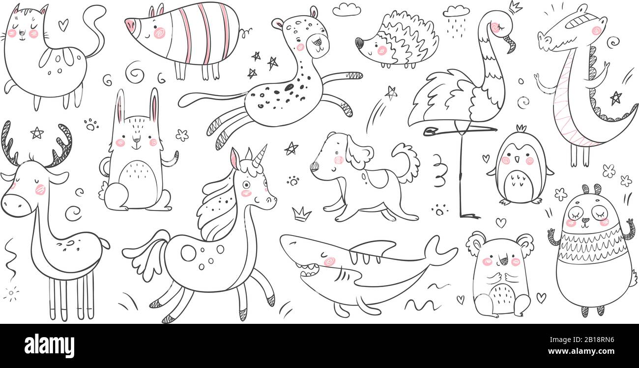 Doodle animali. Abbozzare animale, panda decorazione disegnata a mano e coccodrillo adorabile. Simpatico squalo, gatto e amicizia set vettore leopardo Illustrazione Vettoriale