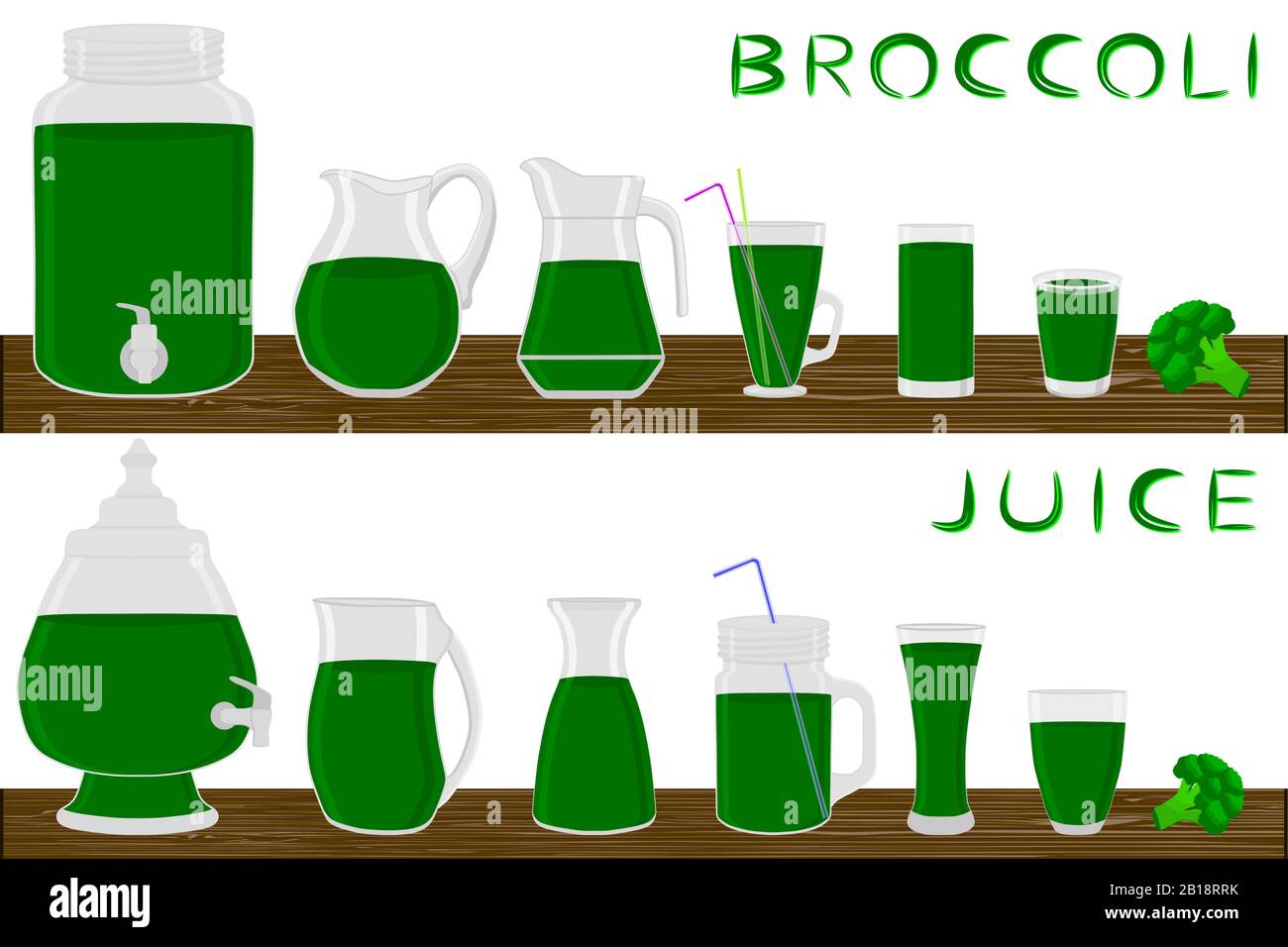 Illustrazione sul tema grande kit diversi tipi di vetreria, broccoli brocche varie dimensioni. Vetreria costituita da broccoli in plastica organica. Illustrazione Vettoriale