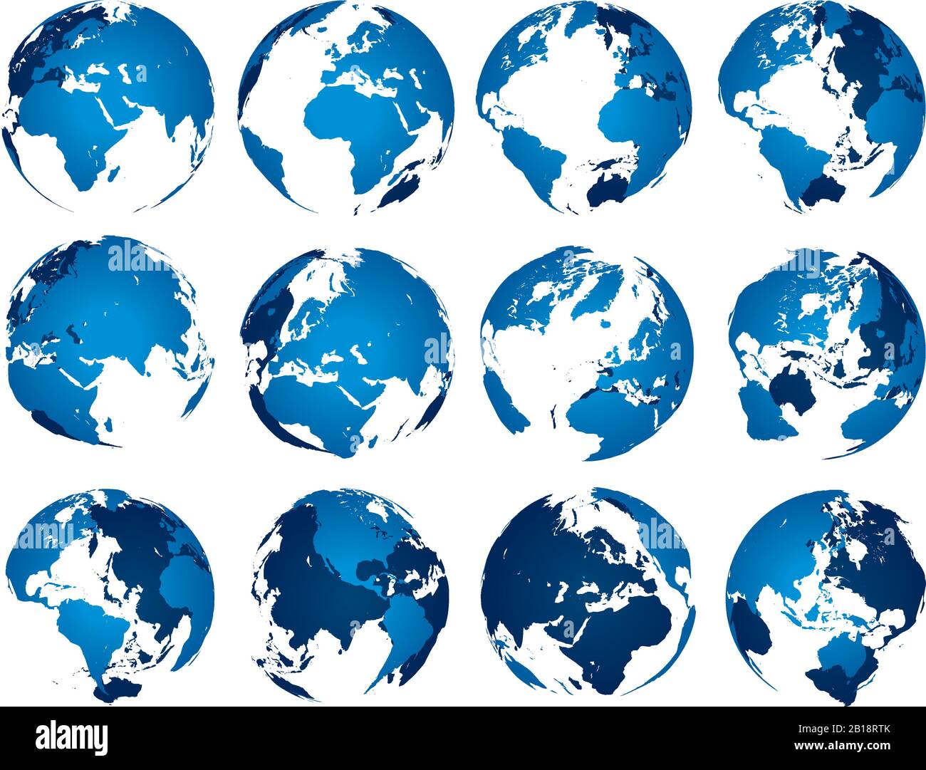 Globo di terra blu. Globes silhouette sfera, europa asia e america mappe. Set di vettori 3D isolati con mappa terrestre Illustrazione Vettoriale