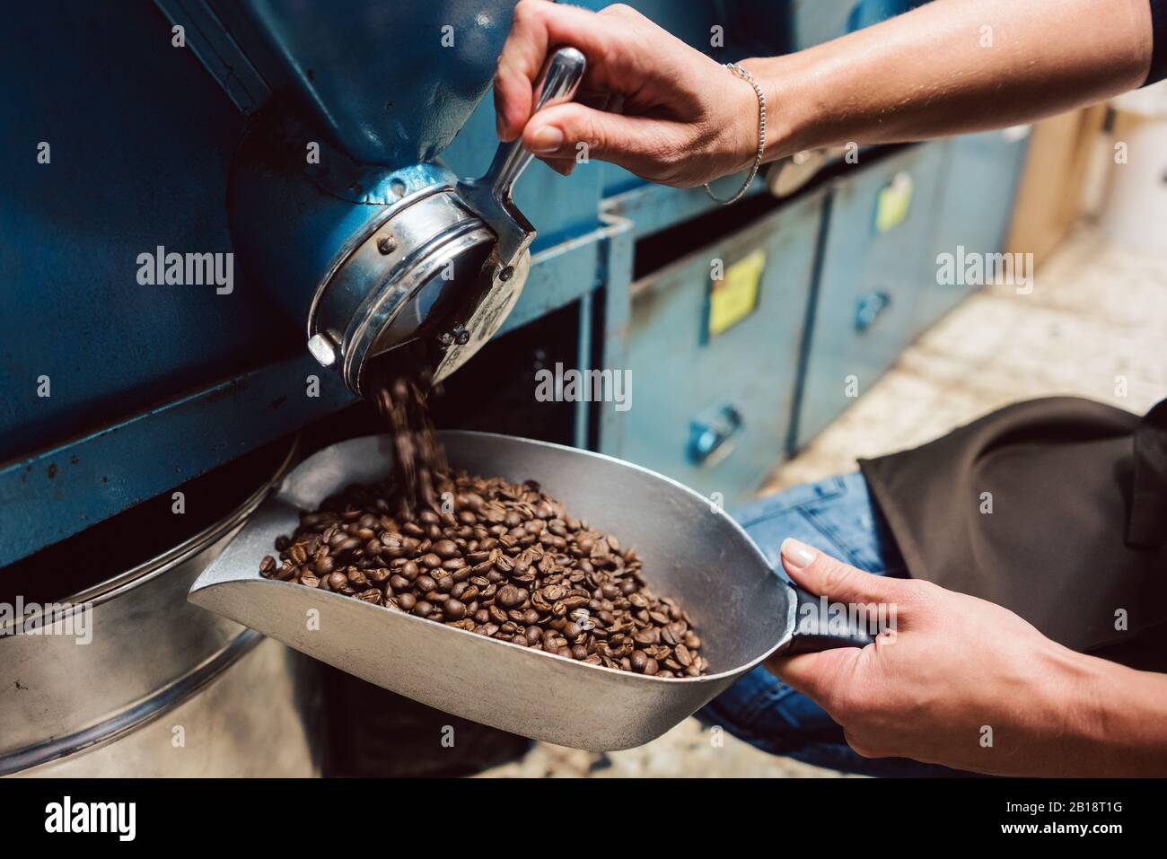Donna prendendo i chicchi di caffè fuori dello storage Foto Stock