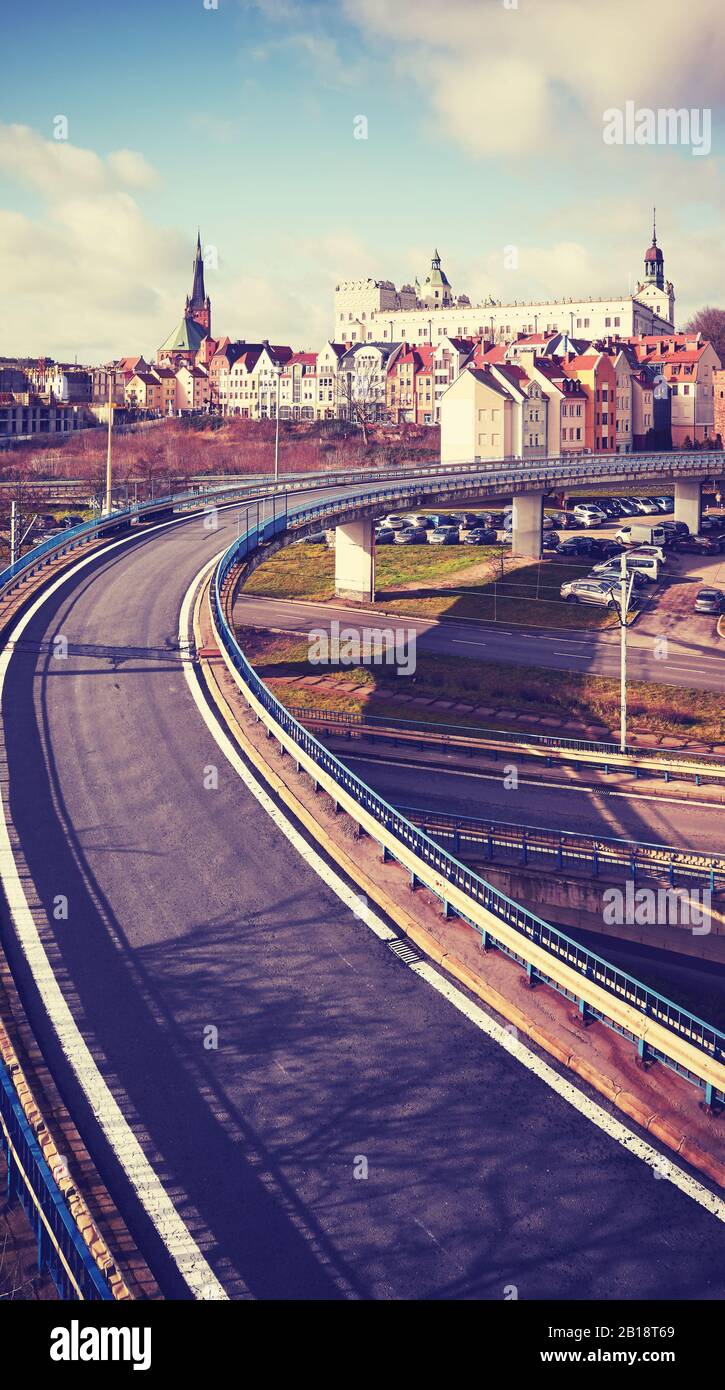 Paesaggio urbano di Szczecin con Castello Ducale sullo sfondo, immagine retrò tonalità colore, Polonia. Foto Stock