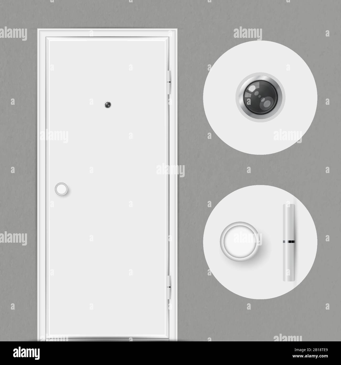 Porta bianca chiusa con spioncino isolato su sfondo grigio. Spioncino, maniglia della porta e cerniera della porta in primo piano. Illustrazione del vettore. Illustrazione Vettoriale