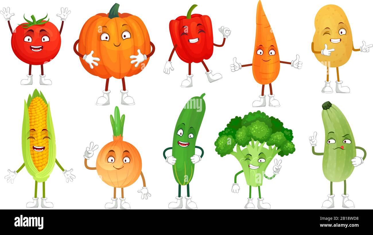 Carattere di verdure del cartone animato. Mascotte sano di cibo di veggies, carota del bambino e cetriolo divertente. Set di illustrazioni vettoriali isolate per verdure Illustrazione Vettoriale