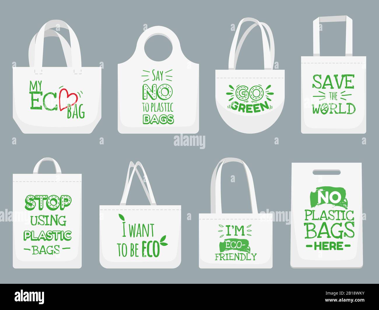 Borsa Eco in tessuto. Dire no ai sacchetti di plastica, politene rifiutare slogan divieto e tessile shopping handbag vettore illustrazione Illustrazione Vettoriale