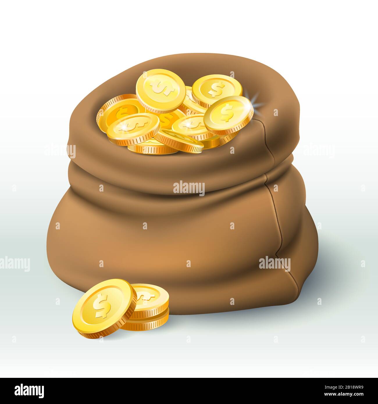 Borsa monete d'oro. Golden moneta ricchezza, grande sacco di cassa e denaro bonus 3D realistico vettore illustrazione Illustrazione Vettoriale