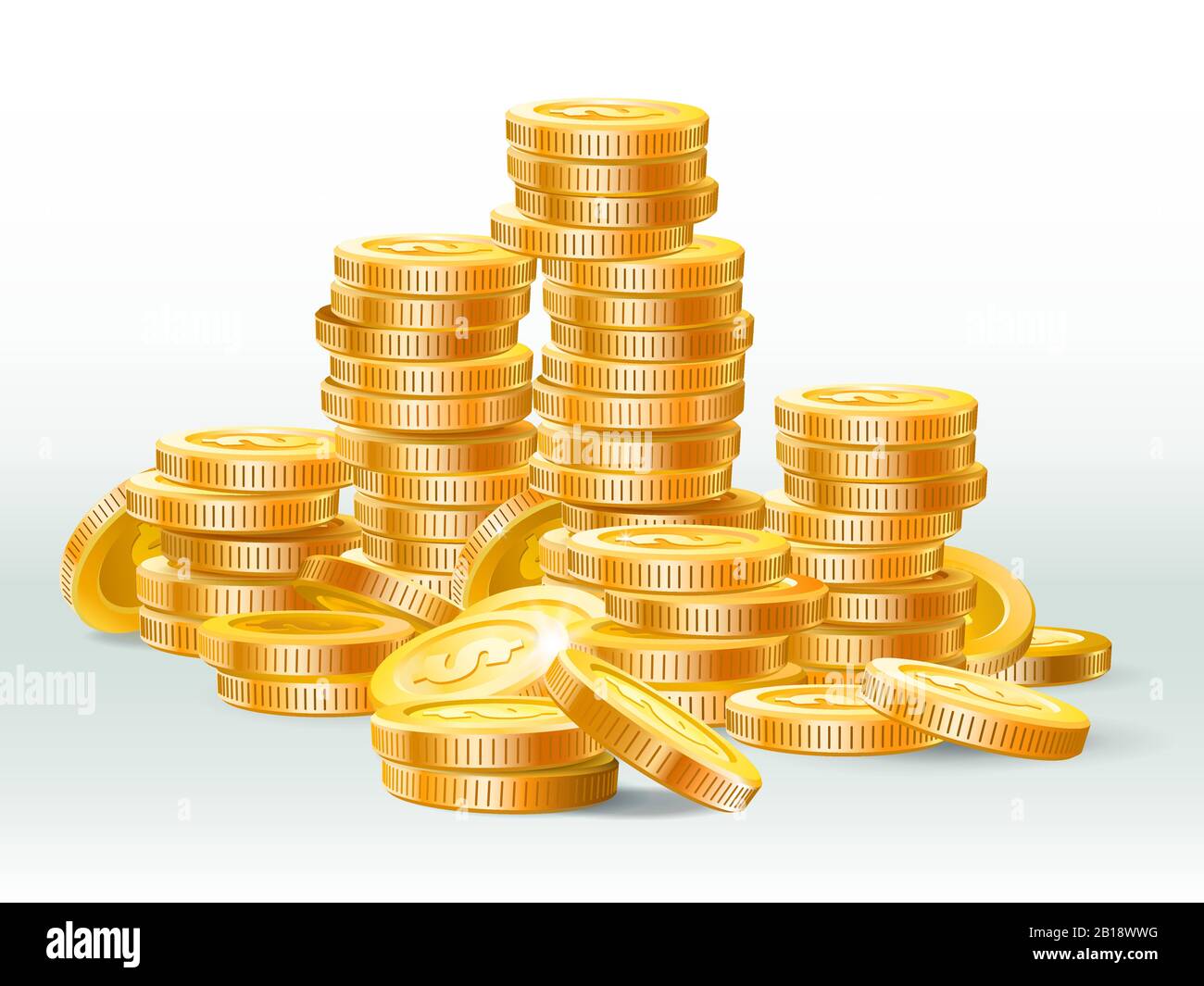 Pile di monete d'oro. Moneta d'oro dollaro, stack di denaro e oro cash heap realistico vettore illustrazione Illustrazione Vettoriale