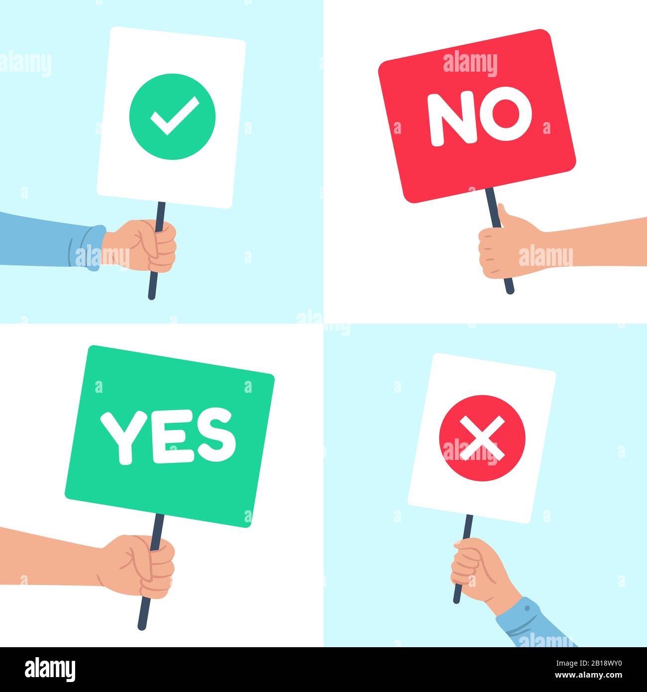 Sì, nessun poster. Tenendo in mano il banner di protesta, il poster di consenso alla dimostrazione e il set di illustrazioni vettoriali per striscioni di attacco di negazione Illustrazione Vettoriale