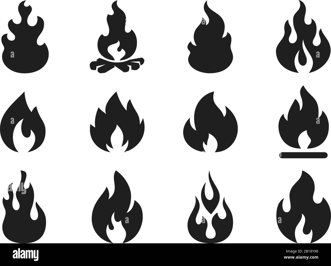 Silhouette fuoco-fiamme. Falò fiammeggiante, fiamma calda inferno forma. Set di icone semplici per illustrazioni vettoriali Illustrazione Vettoriale