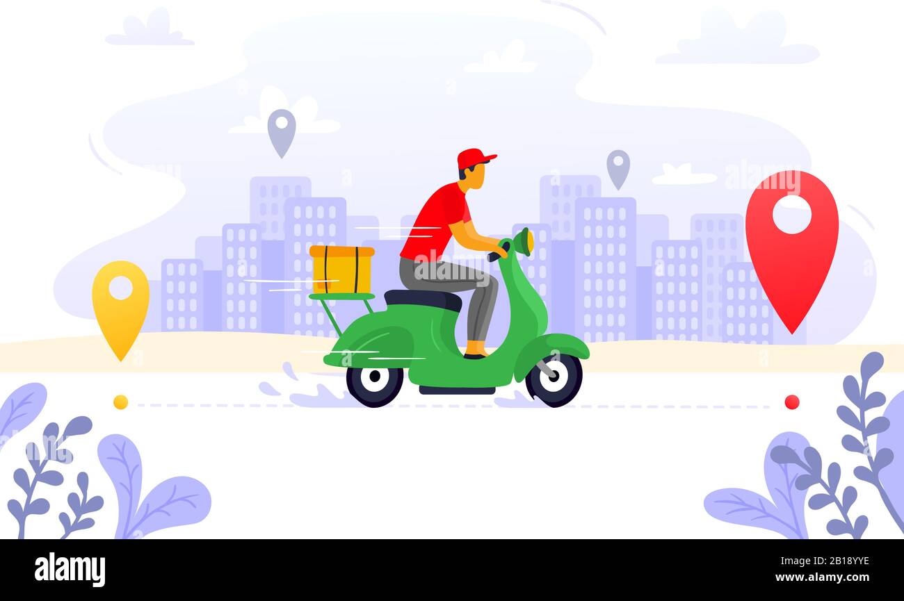 Consegna di cibo. Corriere espresso, vettore su scooter e pacco casella vettore di percorso illustrazione vettore Illustrazione Vettoriale