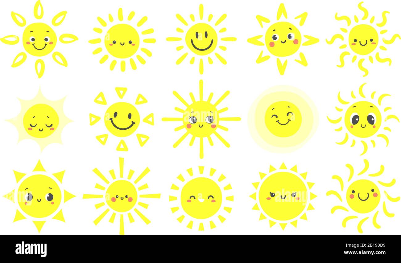 Sole disegnato a mano. Cute Bright suns con divertente volto sorridente, calda luce solare brillante e felice giorno sole vettore illustrazione set Illustrazione Vettoriale