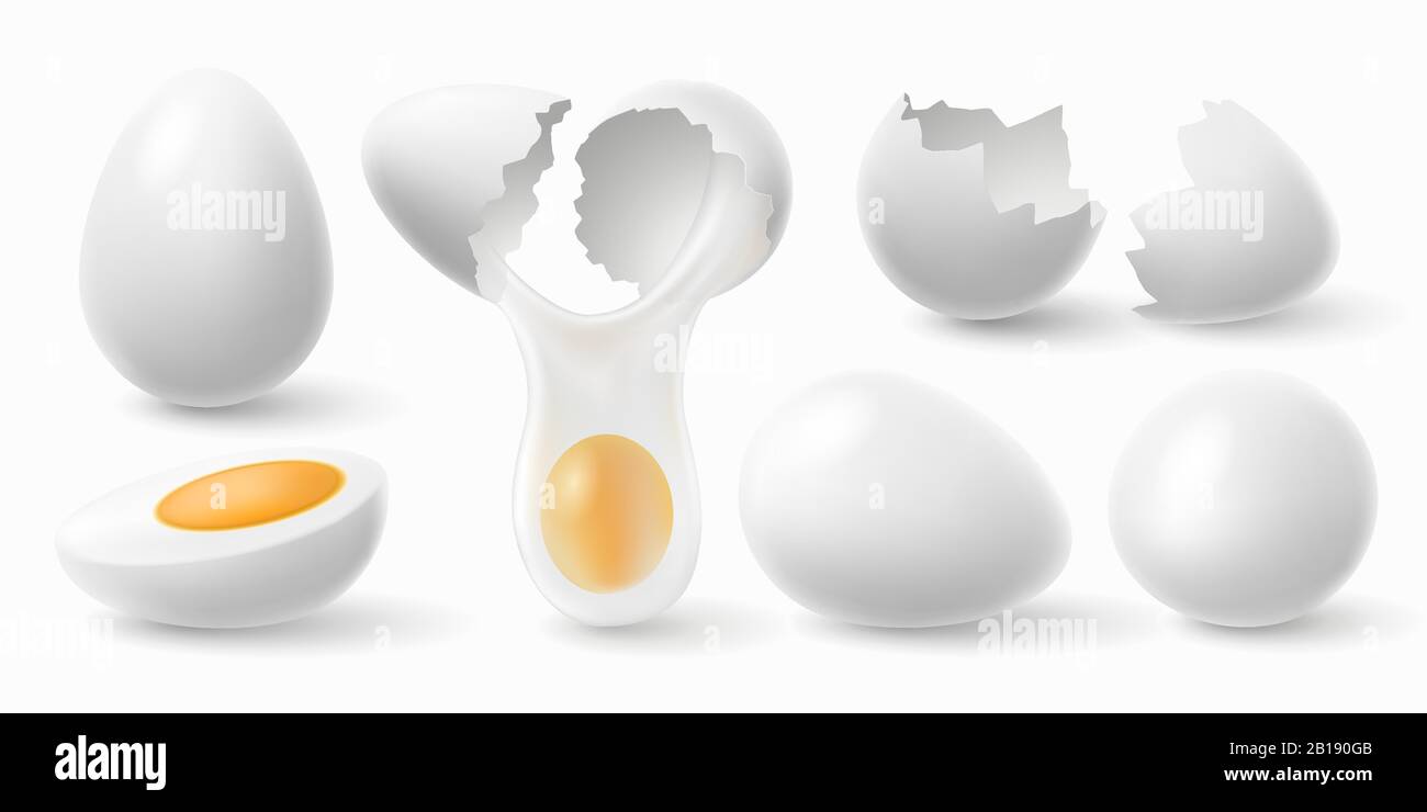 Uova di pollo. Uovo di pasqua bianco, guscio d'uovo incrinato e uovo bollito 3d realistico vettore illustrazione set Illustrazione Vettoriale