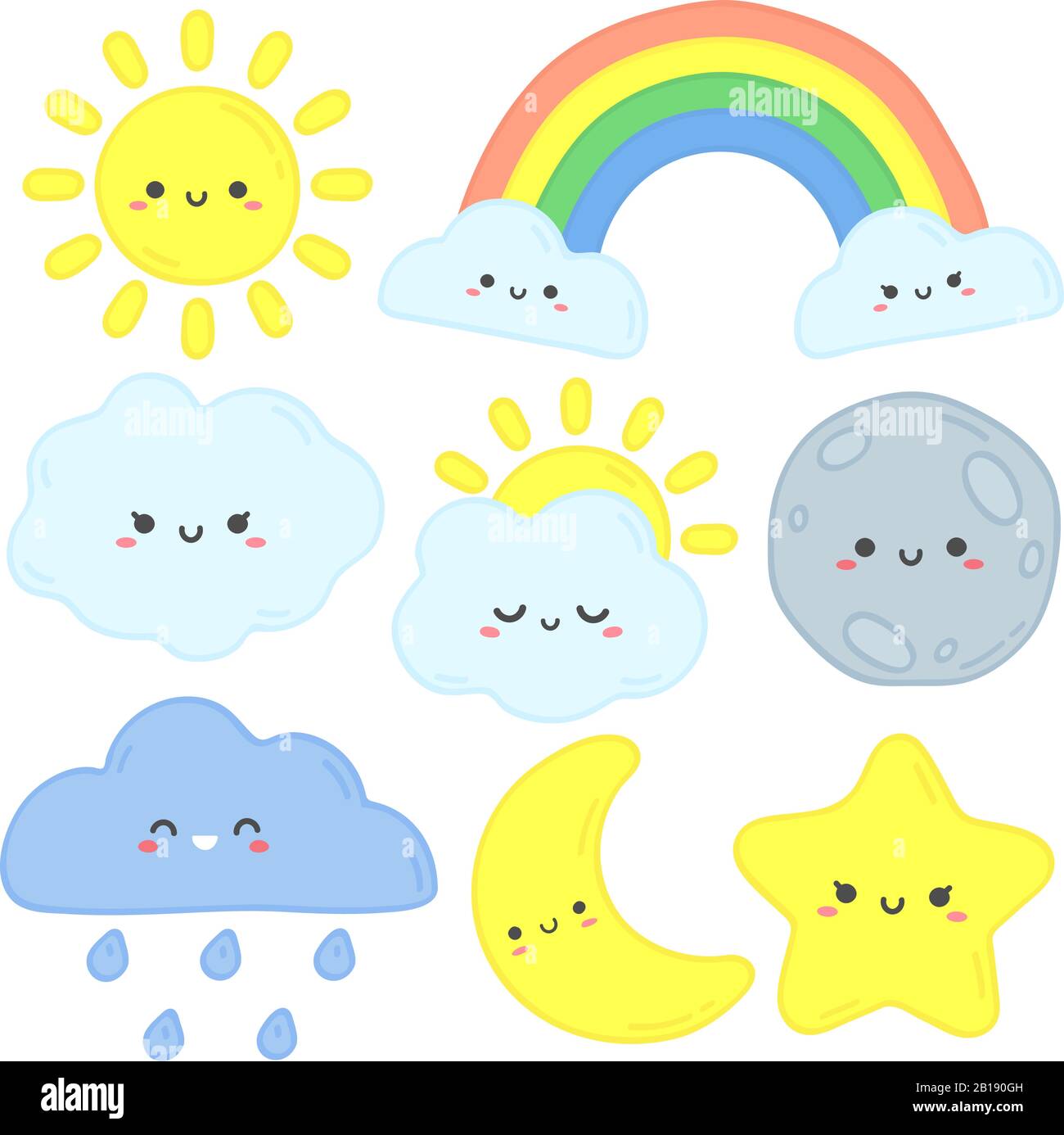 Cielo carino. Sole felice, luna divertente e stella disegnata a mano. Nubi del sonno del nido d'infanzia, rainbow del bambino e stelle della notte immagine vettoriale del cartone animato Illustrazione Vettoriale