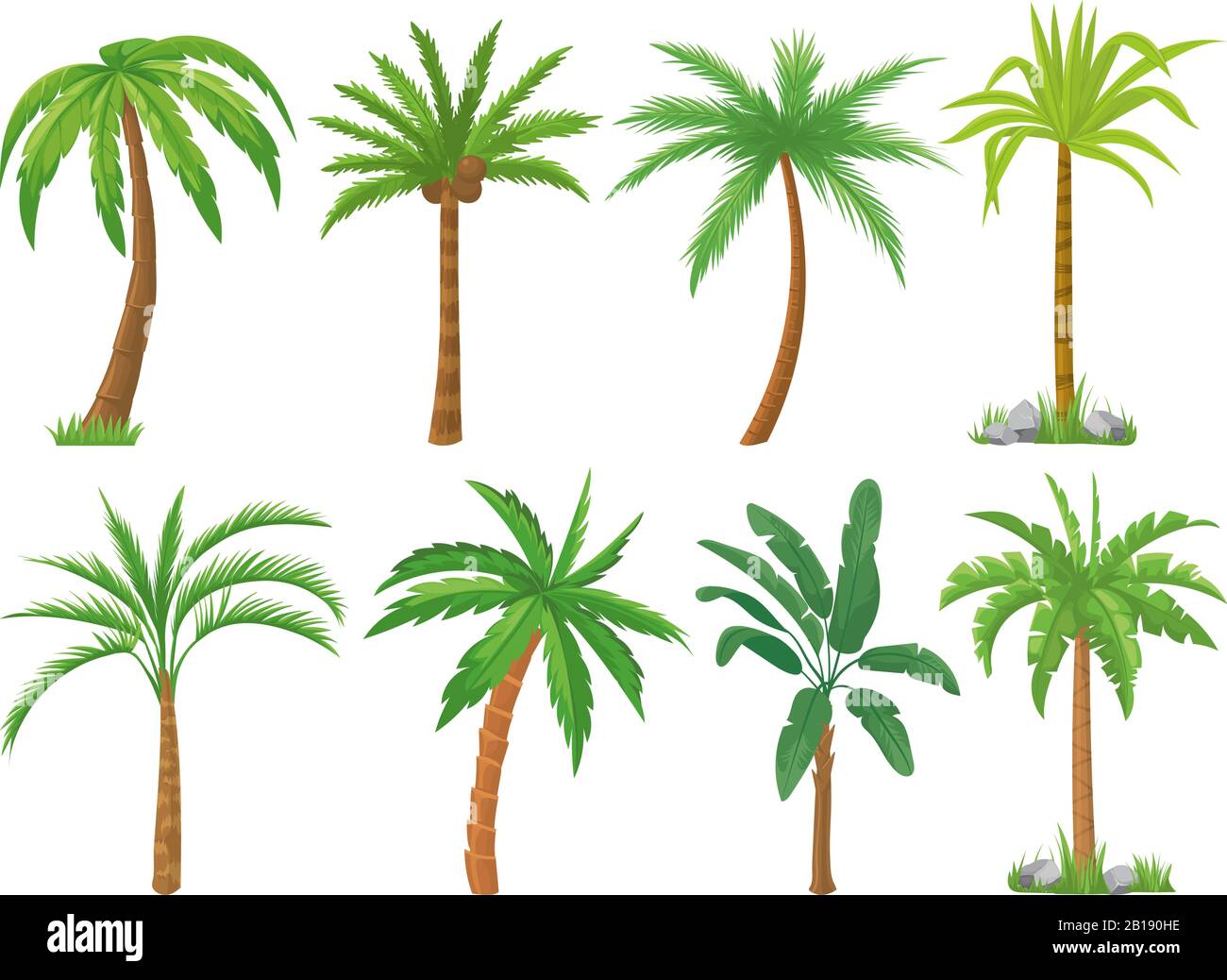 Alberi di palma. Foglie verdi di albero tropicale, palme da spiaggia e retrò california verde isolato vettore set Illustrazione Vettoriale