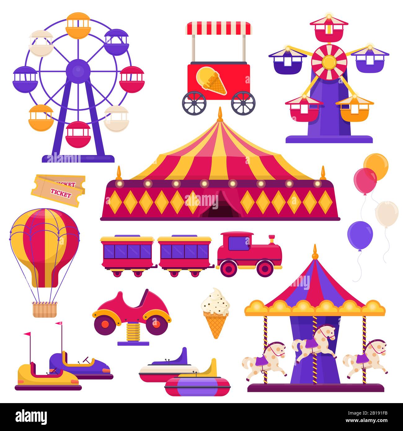 Elementi del parco divertimenti. Ruota panoramica, tenda da circo, giostre, ecc. illustrazione vettoriale piatta Illustrazione Vettoriale