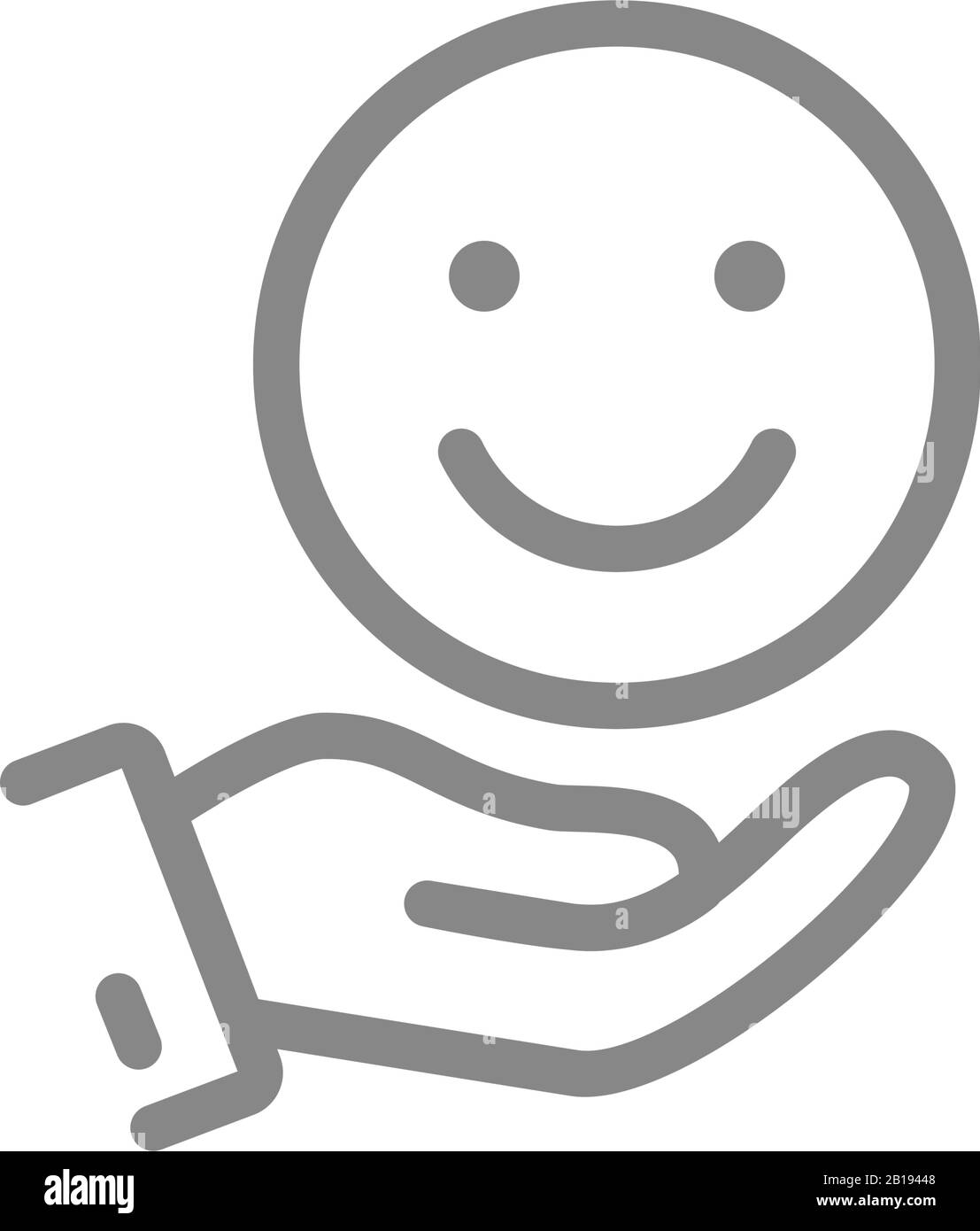 La mano tiene emoji felice, icona della linea di buon umore. Condividi il simbolo delle emozioni positive Illustrazione Vettoriale
