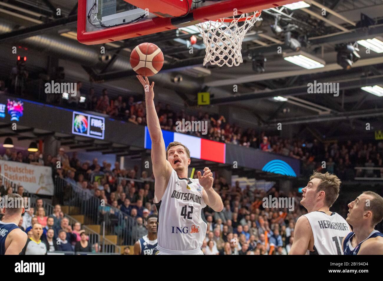 Andreas OBST (GER) lancia, lancia, lancia, lancia, azione, basket Campionato europeo qualifica, gruppo G, Germania (GER) - Francia (fra) 83:69, il 21 febbraio 2020 a Vechta / Germania. Â | utilizzo in tutto il mondo Foto Stock