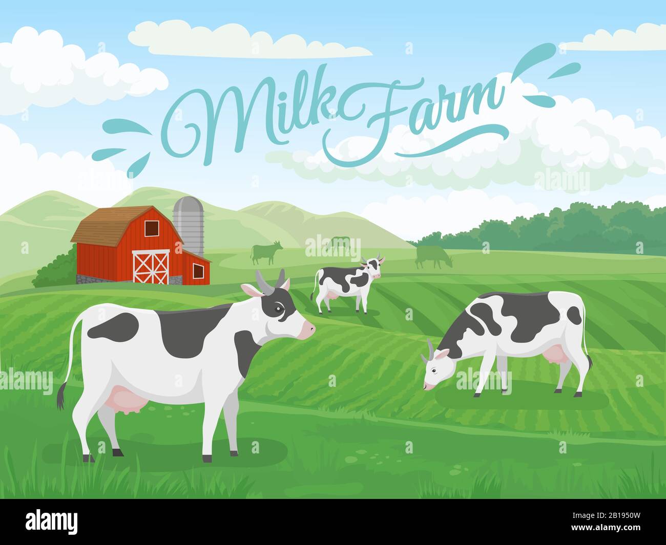 Campo di fattoria del latte. Paesaggio di aziende lattiero-casearie, mucche su campi di ranch e campagna di allevamento mucche illustrazione vettore Illustrazione Vettoriale