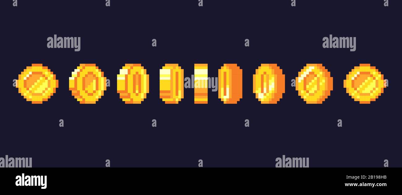 Animazione di pixel game coins. Golden pixelated moneta animated frame, retro 16 bit pixel oro e video giochi soldi vettore illustrazione Illustrazione Vettoriale