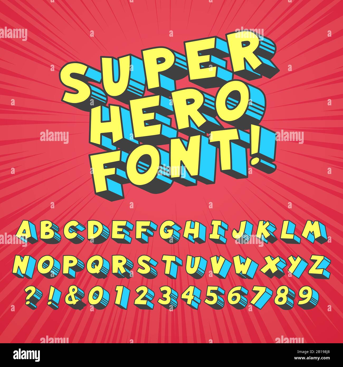 Font per fumetti Super Hero. Tipografia grafica comica, caratteri buffi heros alfabeto e caratteri creativi lettere vettore simbolo set Illustrazione Vettoriale