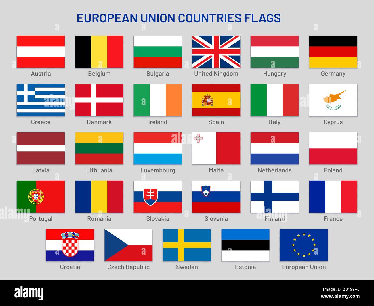 Bandiere dei paesi dell'Unione europea. Stati di viaggio europei, insieme di vettori di bandiera dei paesi membri dell'UE Illustrazione Vettoriale