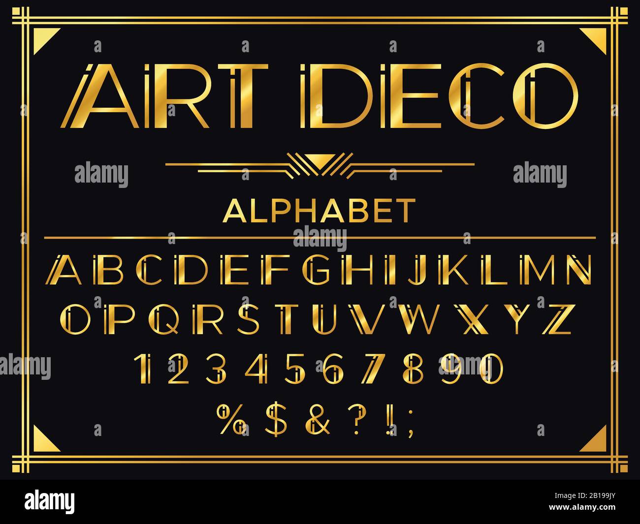 Font art deco. Lettere decorative 1920s d'oro, tipografia di moda d'epoca e vecchio set vettoriale dell'alfabeto d'oro Illustrazione Vettoriale