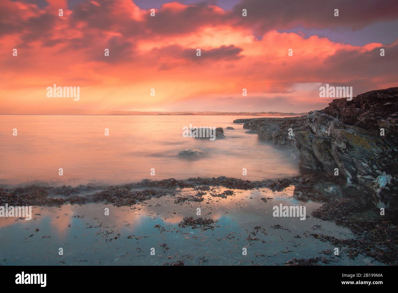 Trondheimsfjord in luce rossa del mattino, Norvegia, Malvik Foto Stock