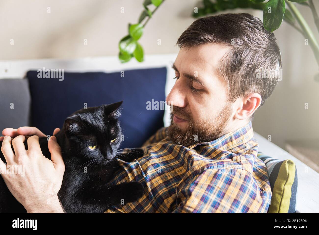 Uomo che accarezzano il gatto nero mentre giace sul divano a casa, avendo un buon tempo. Foto Stock