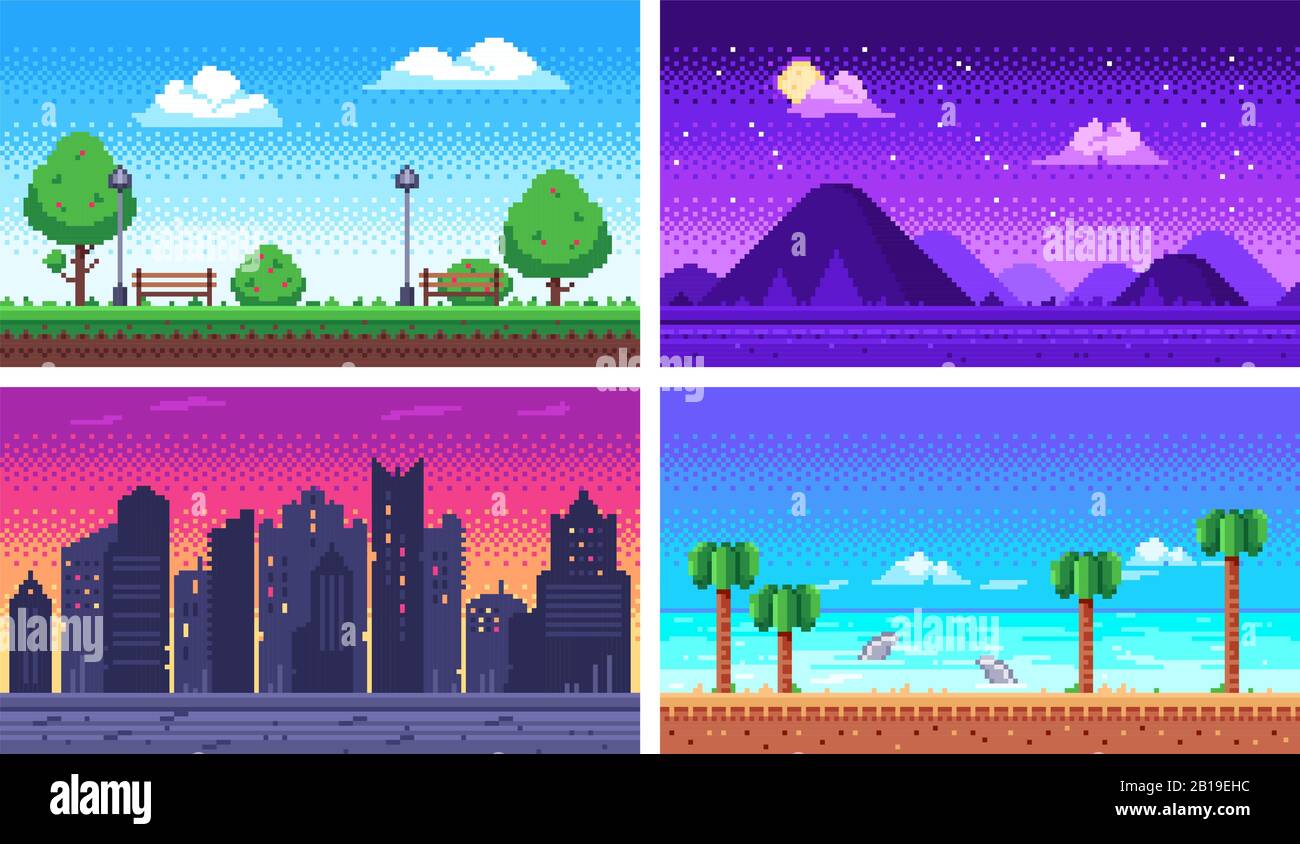Pixel art landscape. Estate spiaggia oceano, 8 bit parco della città, pixel paesaggio urbano e highlands paesaggi arcade gioco vettore sfondo Illustrazione Vettoriale